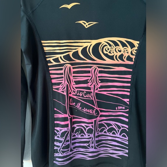 Rip Curl Top Long Sleeve Rashguard  SPF50 Black Pink Wave Surf SUP XL - Picture 2 of 6